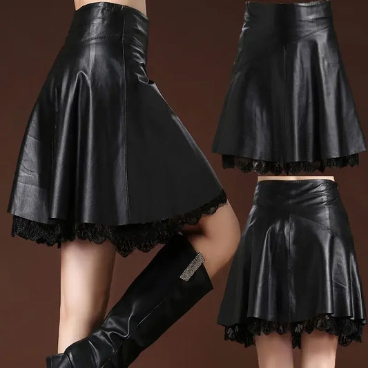 Women's Autumn and Winter Leather Skirt A- Line Skirt High Waist Oversized Pleated Skirt Woman Skirts Faldas Jupe