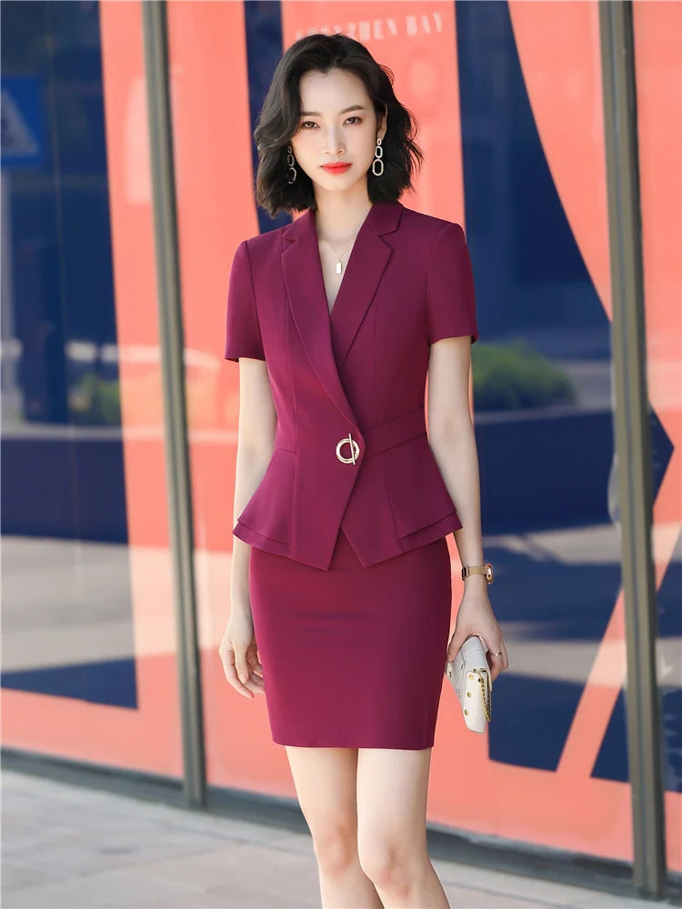 Summer Two Piece Set Women Suits Short Sleeve Blazer And Mini Skirt Elegant High Fashion Chic Lady 2 Piece Set Women blazer Sets