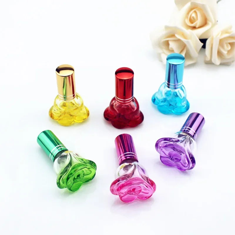 1PC 6ml Colorful Rose Shaped Empty Glass Perfume Bottle Small Sample Portable Parfume Refillable Scent Sprayer Bottles