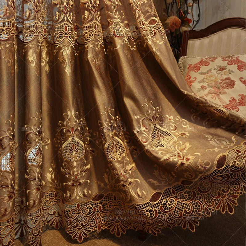 Coffee Dark Gold Brown Embroidery Hollow Out Design Window Screen Curtains for Living Room Bedroom Villa Custom Home Decoration