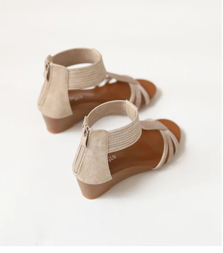 2024 Summer New Comfortable Wedge Women's Sandals 4.5CM Thick Bottom Zipper Casual Versatile Soft Sole Roman Sandals 1418-27