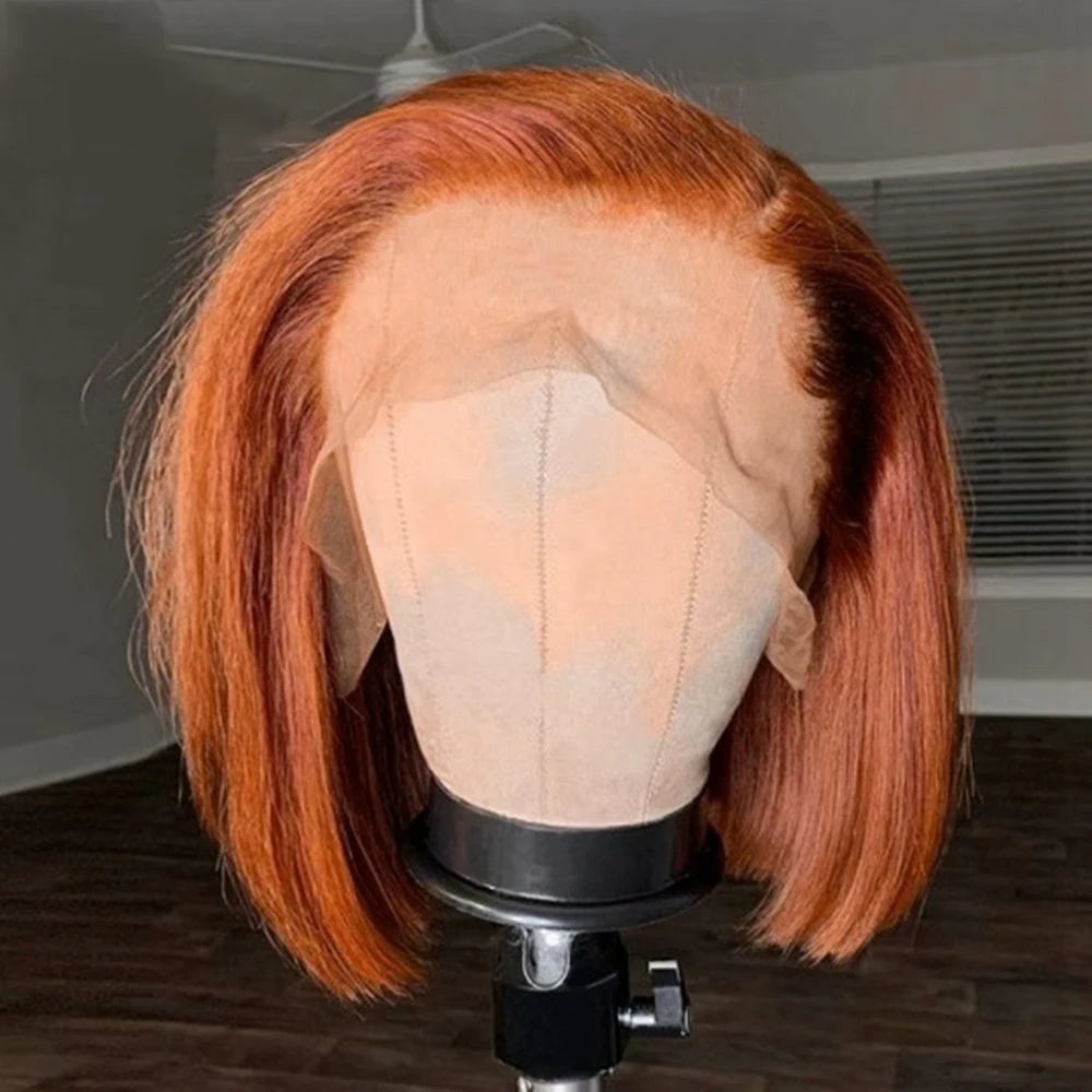 Soft Preplucked Ginger Orange Middle Part Silky Straight Short Blunt Bob Lace Front Wigs For Black Women With Baby Hair Daily