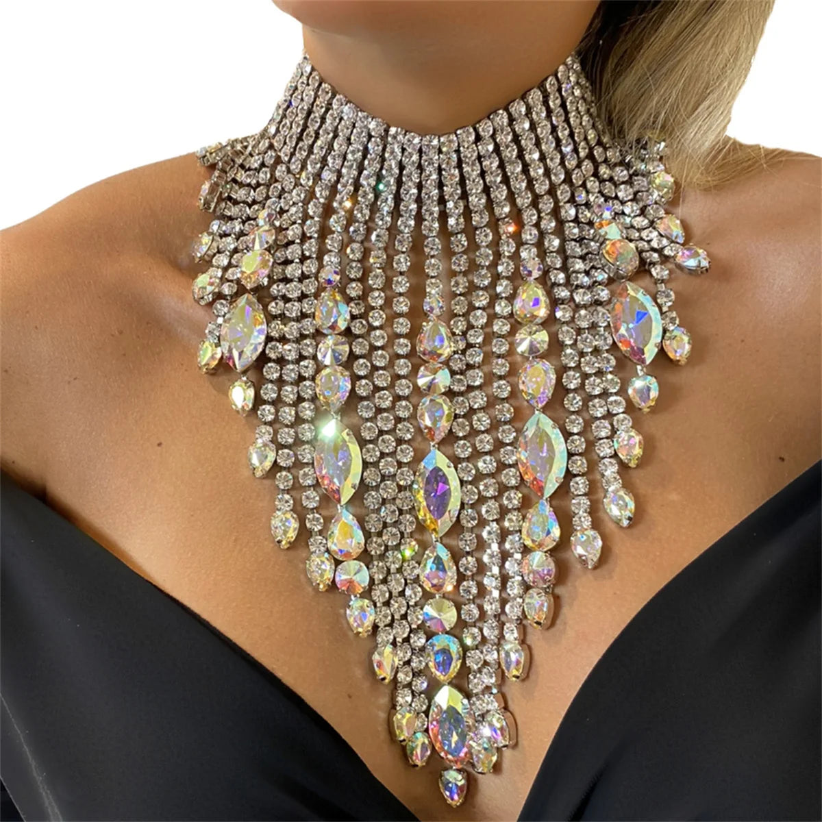 New Super Sparkling Rhinestone Long Tassel Necklace Nightclub Party Fashion Crystal Large Necklace Jewelry Accessories Women