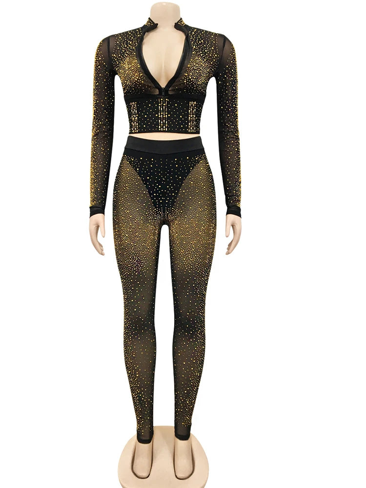 Beyprern Sparkle Crystal Pants Set Outfits New Spring See Through Rhinestone Studded Crop Top And Legging Set Party Club Wears