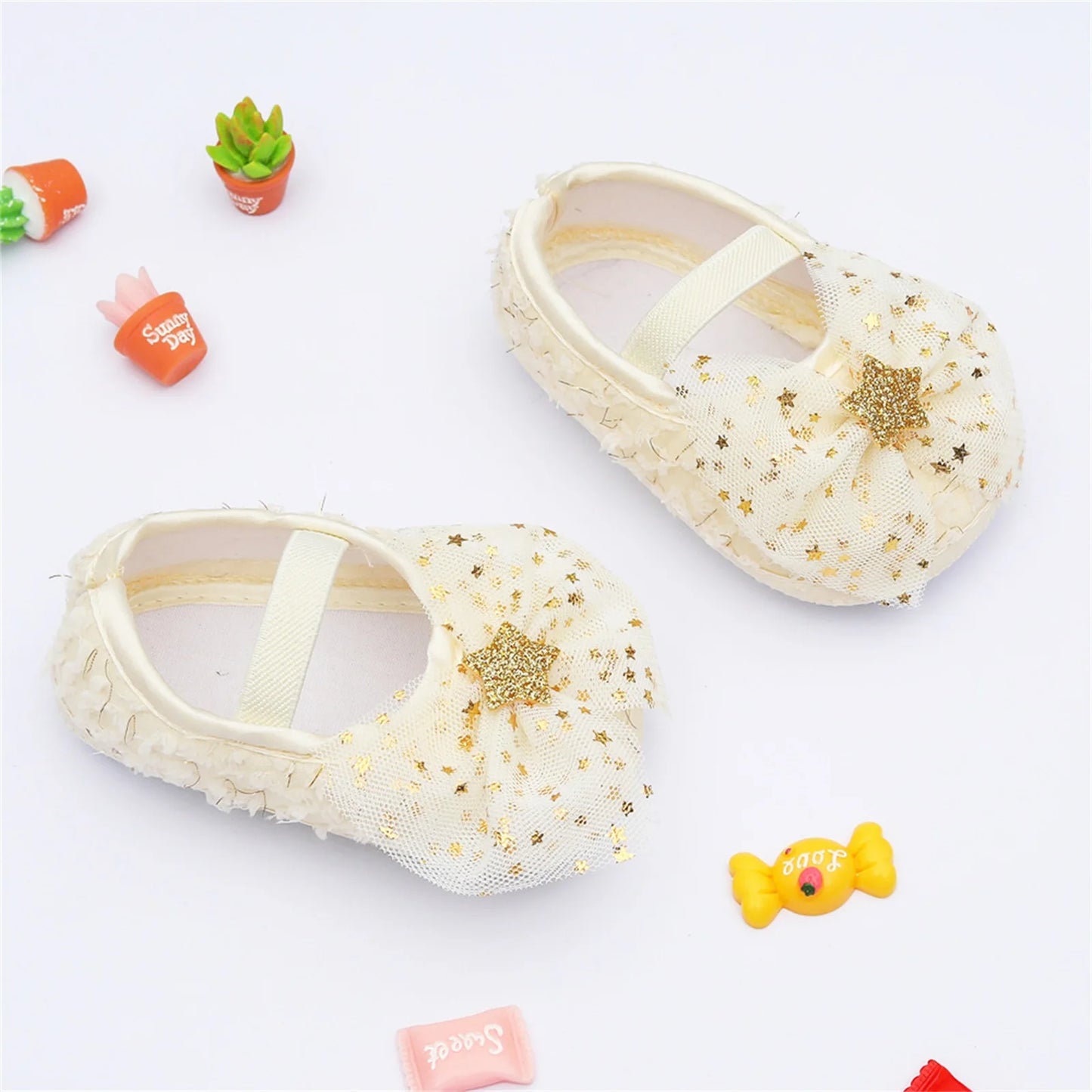 Toddler Newborn Baby Girls First Walkers Cotton Cloth Shoes with Pentagram Sequins, Bow Mesh Sweet Decoration Accessory Princess