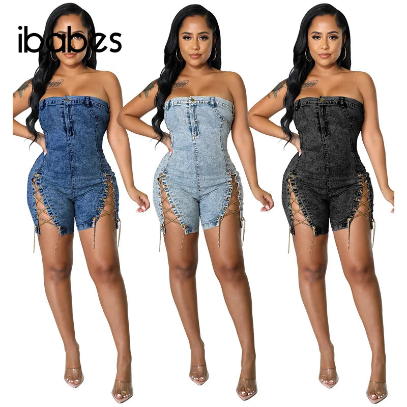 Denim Bandage Women Playsuit Off Shoulder Skinny Jeans Rompers 2023 Summer Sexy Back Zipper Fly Night Club Party Short Jumpsuits