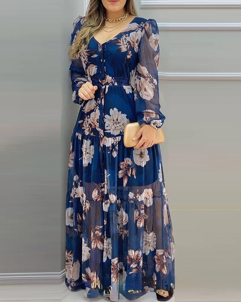 Women's 2021 New Summer Blue Printed Chiffon Dress-With Lining