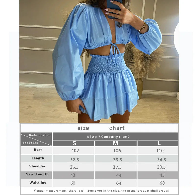 Fandy Lokar V Neck Short Tops Suits Women Fashion Lace Up Solid Suit Women Elegant Ruffle Mini Skirts Suits Female Ladies