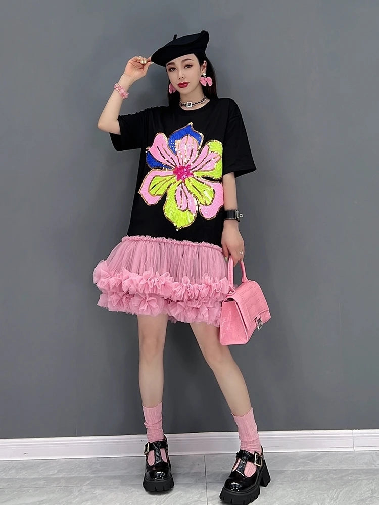 SHENGPALAE New Sequin Flower Fashion O-neck T-shirt Dress Women Patchwork Mesh Cake Medium Female Dress Vestido 2024 Summer Q227