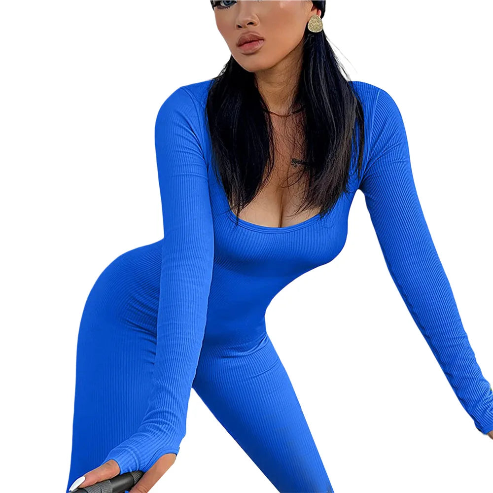 Women Skinny Jumpsuit Solid Color Ribbed Knit Long Sleeve Square Neck Bodycon Jumpsuit Romper Work Out Sport Yoga Playsuits