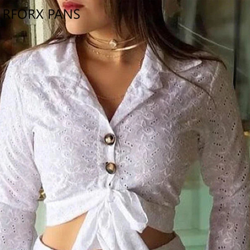 Women Broderie Lace Button-down Blouse & Shorts Sets Casual Women Sets