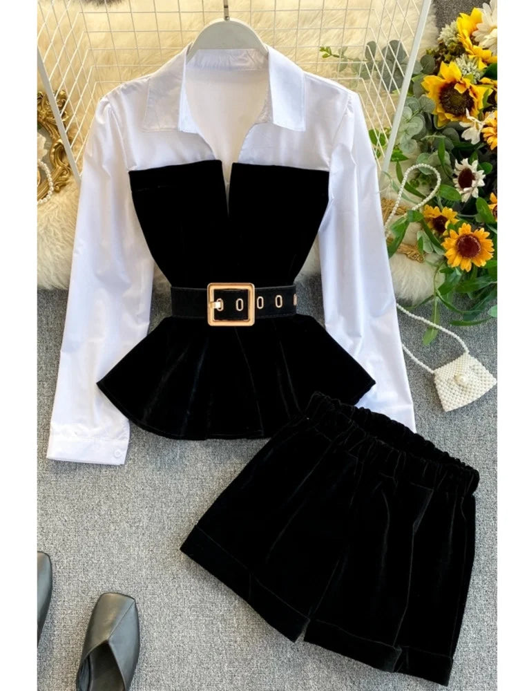 DEAT 2024 Spring Spring Long Sleeve Patchwork Velvet Size Small Tops With Belt High Waist Shorts Two Piece Set Women MH334