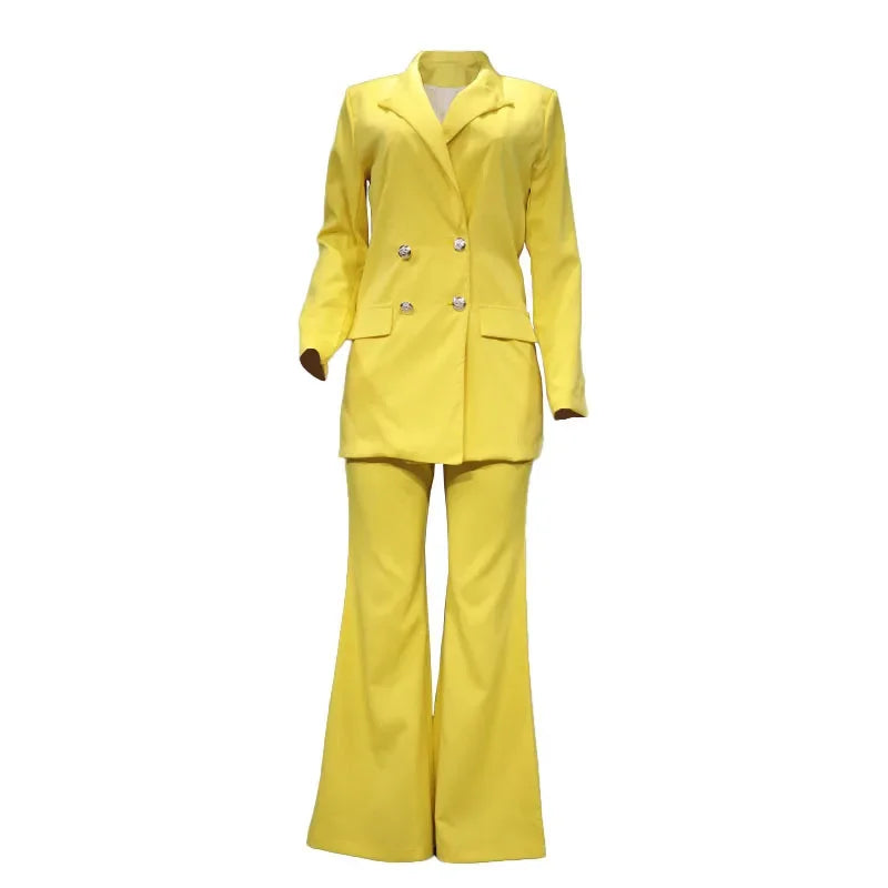 CM.YAYA Basic Elegant Women's Tracksuit Double Breasted Blazers and Straight Flare Pants Suit Matching Two 2 Piece Set Outfits