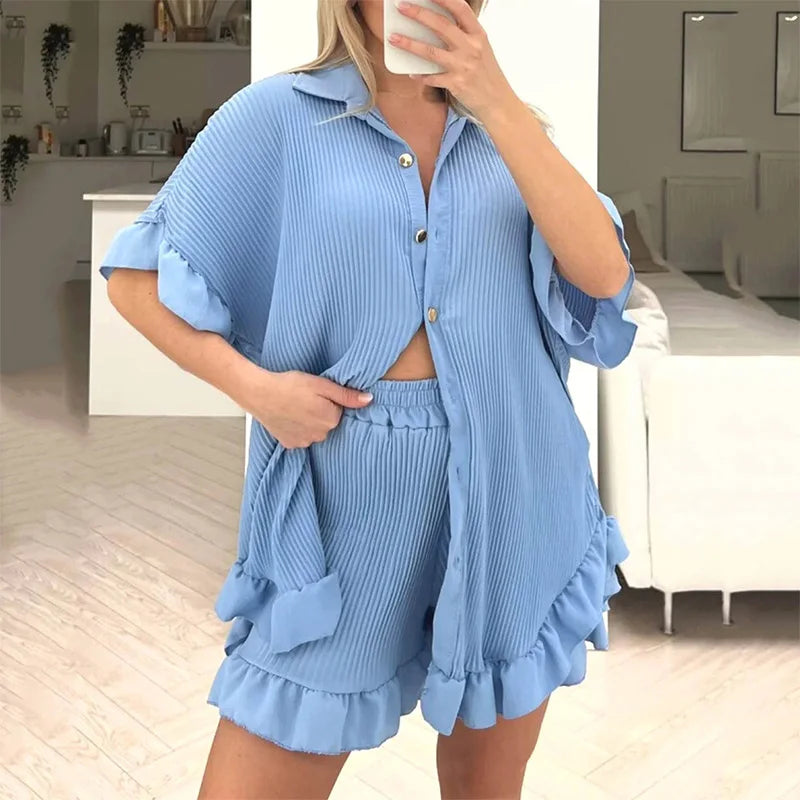 Elegant Women's Suits with Shorts Edible Tree Fungus Short Sleeve Turn Down Collar Summer Clothing Set 2 Piece Female Clothes