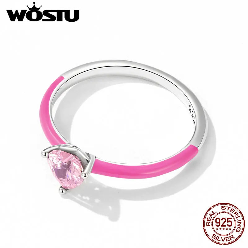 WOSTU 100% 925 Sterling Silver Trendy Pink Heart Zircon Size Rings For Women Fine Blue Zirconium Rings S925 Exquisite Jewelry