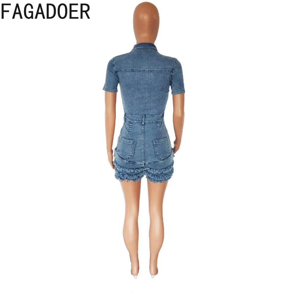 FAGADOER Fashion Denim Fur Tassels Shorts Rompers Women Turndown Collar Short Sleeve Slim Jumpsuits Casual Solid Button Overalls