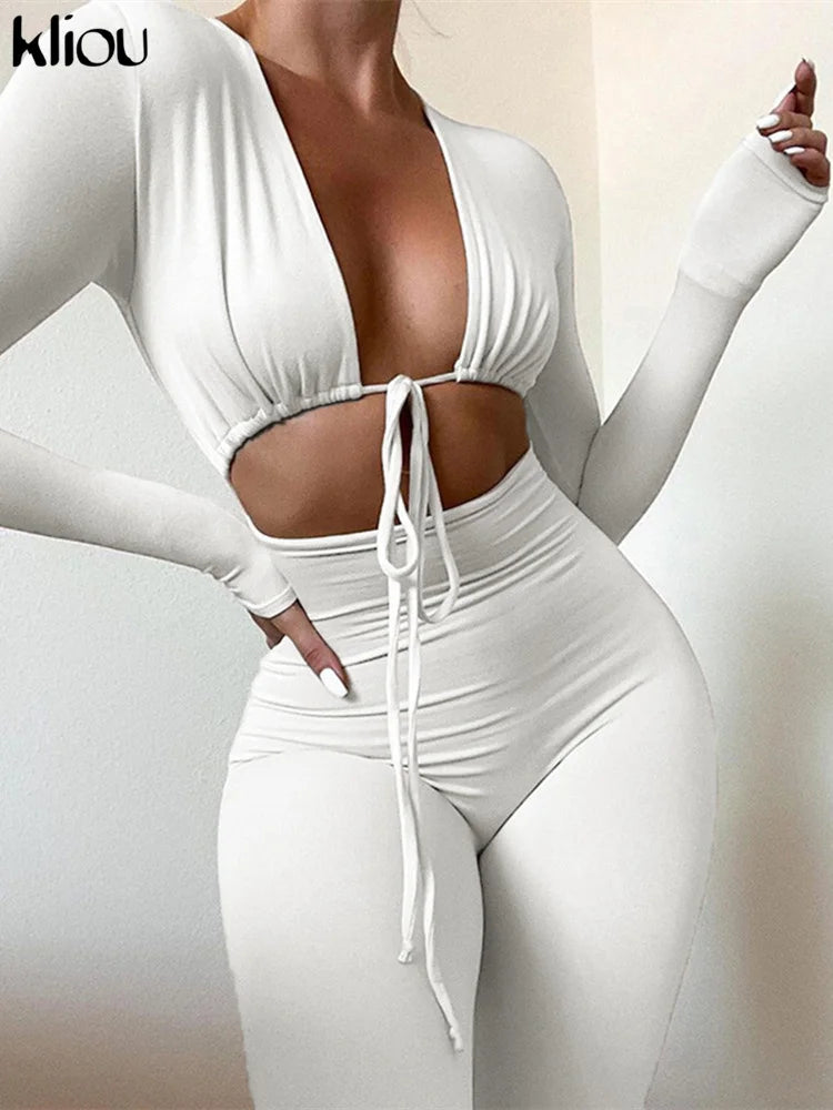 Kliou Solid Jumpsuit Drawstring Cleavage Waist Out One Piece Overall Sexy  Body-Shaping Hipster Midnight Club Female Clothing