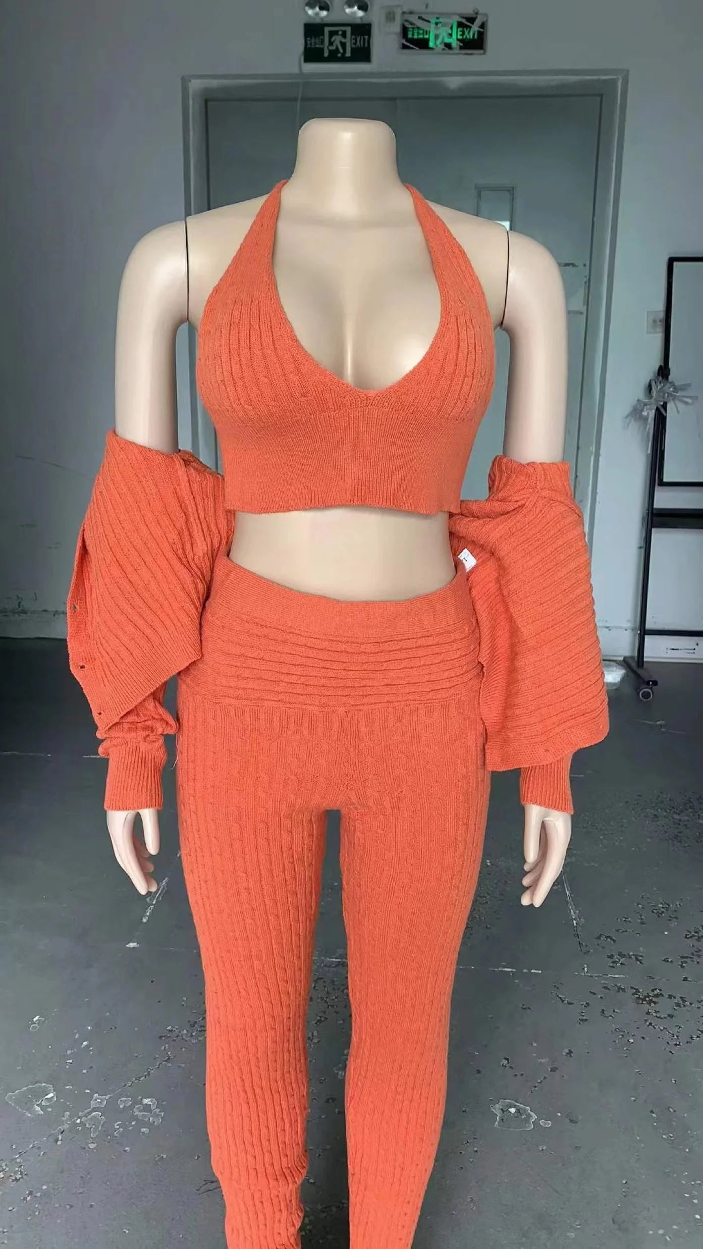 Three-Piece Rib Knit Crop Cardigans for Women, Halter Bra, High Elastic Leggings, Tracksuit, Fall Outfit