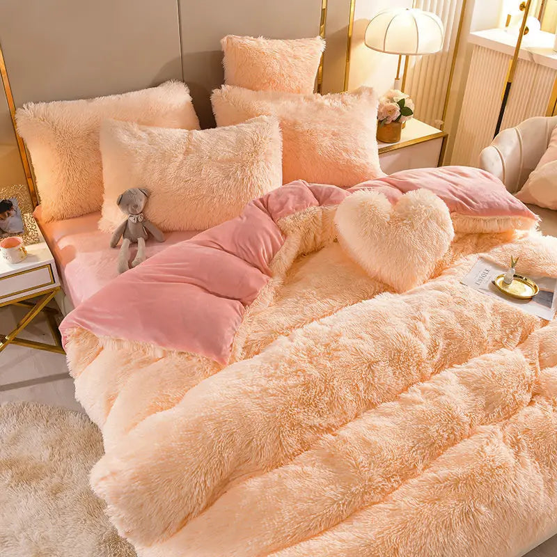 Home Textiles Pink Winter Warm Velvet Embroidery Princess Bedding Set Double Duvet Cover Set Bed Sheet Pillowcases