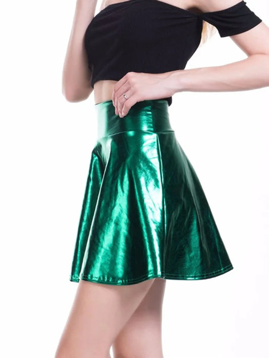 CUHAKCI Summer Pleated Skirts Women Short Sexy Elastic High Waist Solid Casual Green Silver Gold Pink Mini Party Clubwear