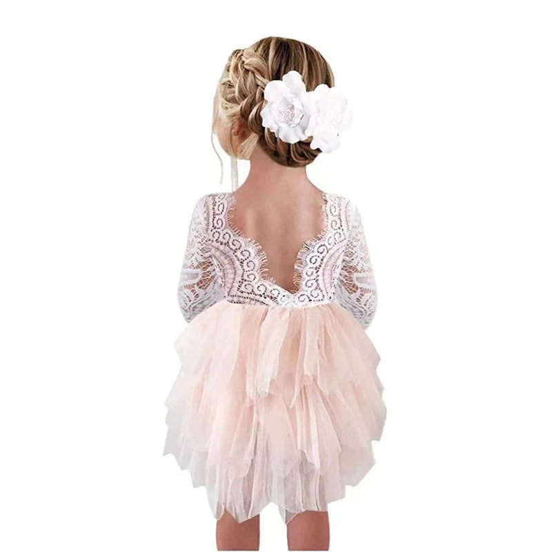 Toddler Girl Ruffles Bridesmaid Dress for Kids Lace Open Back Long Sleeve Tutus Flowers Girls Wedding Costume Clothing