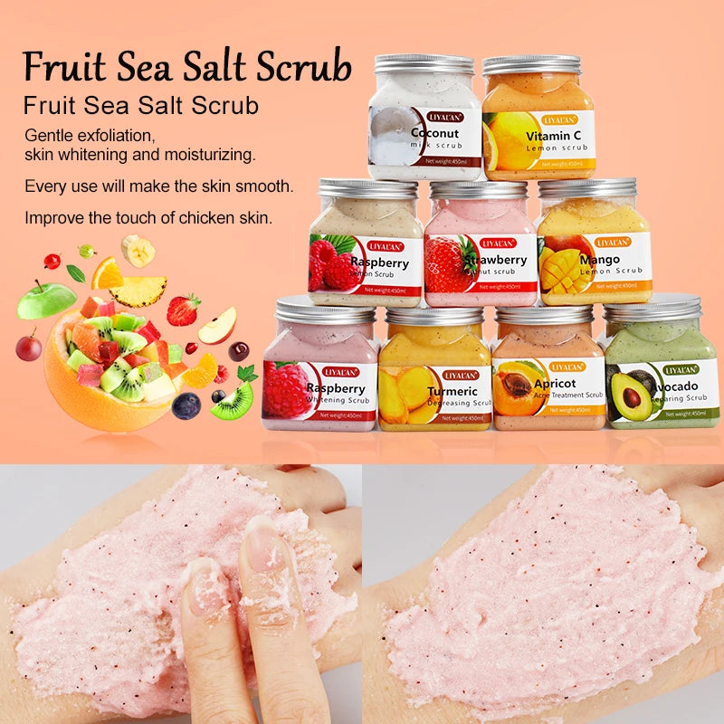 Fruit Sea Salt Body Scrub Skin Smooth Softens Cuticles Moisturizing Exfoliating Avocado Strawberry Apricot Sherbet Body Scrub