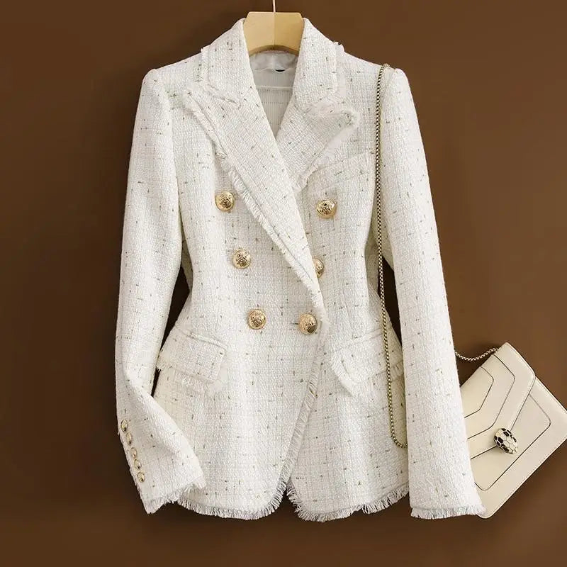 Small Fragrance Coat Women's Blazers 2023 New Spring Autumn Double-Breasted Gold Line Suit Jacket Lady Outerwear Tweed Blazer