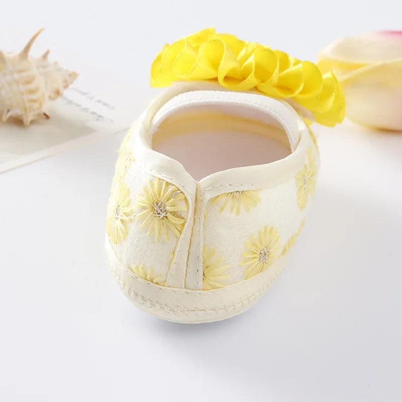 Spring Infant Baby Girl Shoes Newborn Lace Flowers Headband Anti-Slip Soft Sole First Walkers Toddler Kids Cotton Baptism Shoes