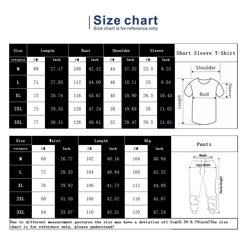 New Men's Suit Tracksuit 2 Piece Set Jogger Outfit 3D Printed Vintage Streetwear Short Sleeve T Shirt+Long Pants Men Clothing