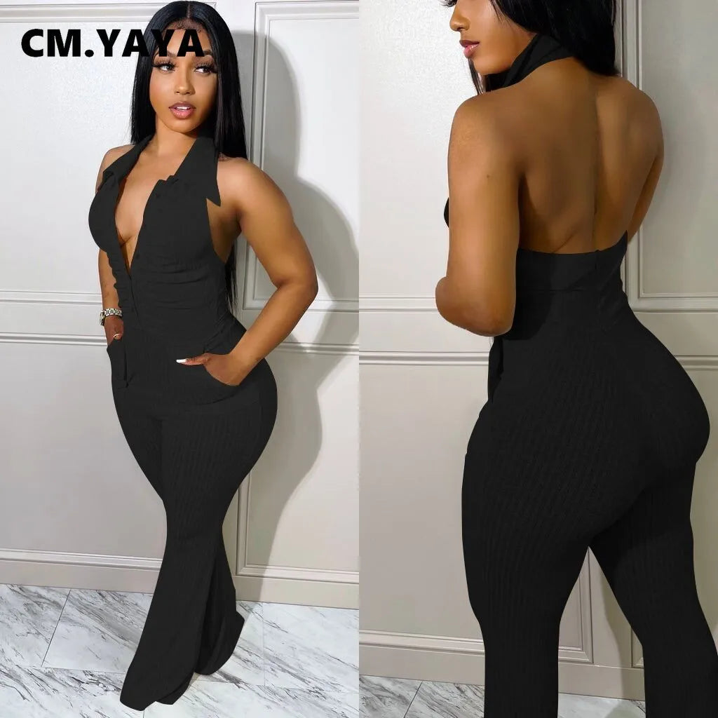 CM.YAYA Women Knit Single Breasted Sleeveless Ruched Bodycon Sleeveless Flare Jumpsuit Summer Active Ribbed Backless Playsuit