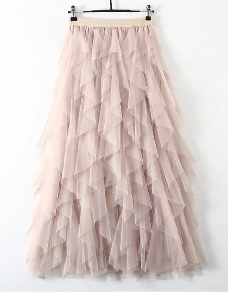 TIGENA Tutu Tulle Long Maxi Skirt Women Fashion 2024 Korean Cute Pink High Waist Pleated Skirt Mesh Female Lady Aesthetic Faldas