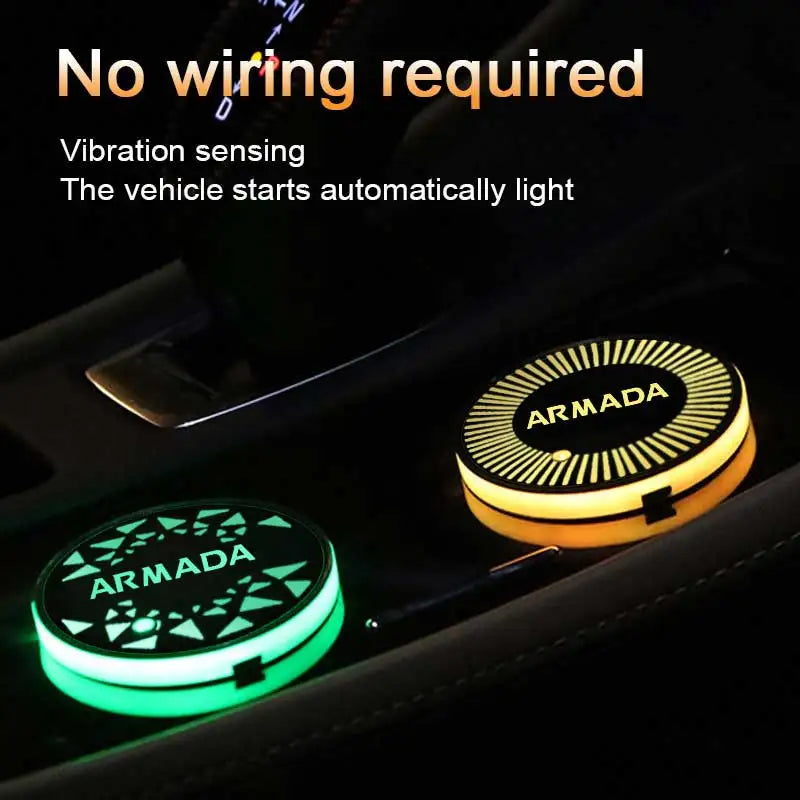 Car Intelligent Water Coaster Drinks Holders 7 Colorful LED Cup Mat Pad for Nissan Armada Logo USB Charging Light Accessories