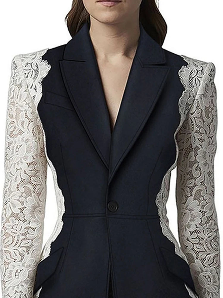 DEAT Fashion Women's Blazer New Fashion Notched Lace Patchwork Long Sleeve Contrast Suit Jackets Female Autumn 2024 17A1298