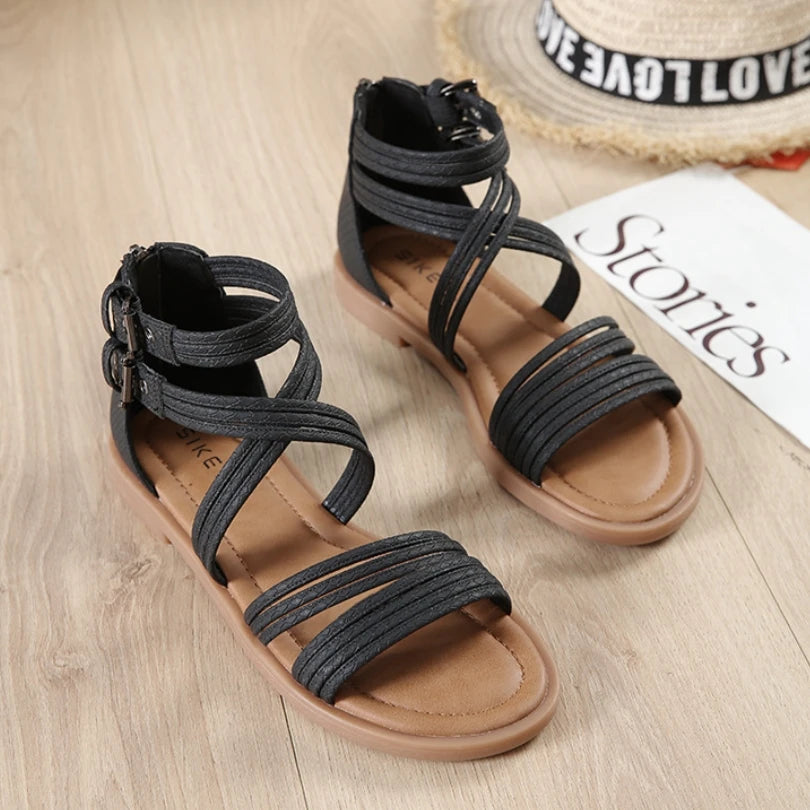 New 2024 European and American style open toe soft sole Narrow Band cross back zipper fashionable and comfortable Roman sandals