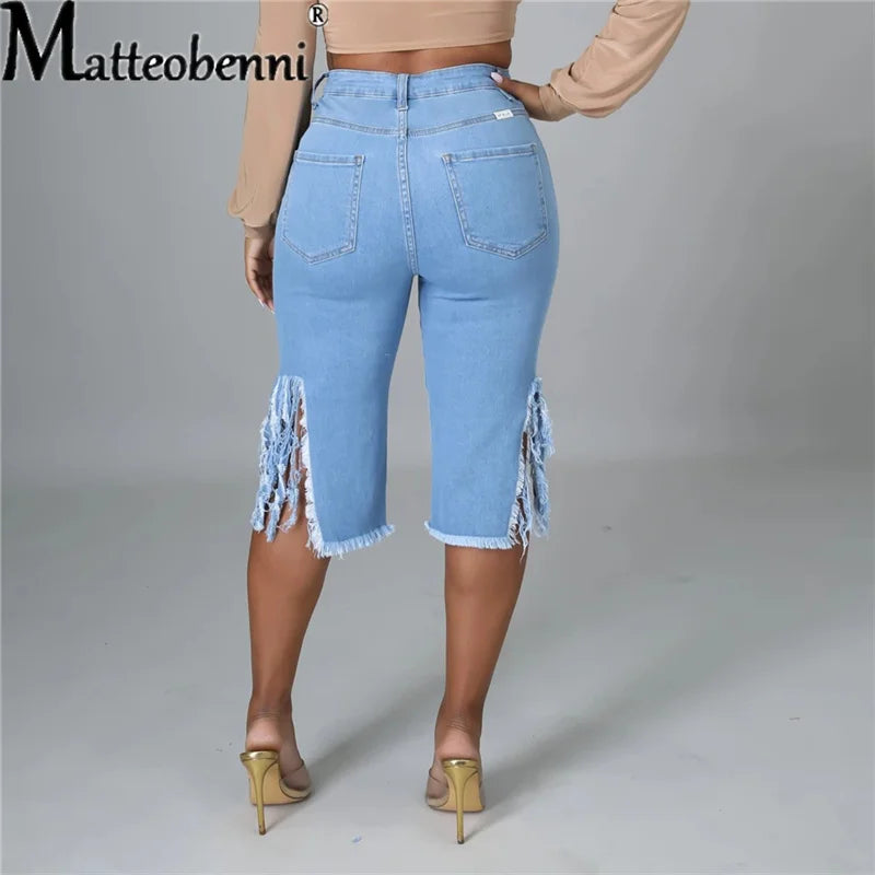 2024 Summer Bermuda Shorts Women Ripped Cotton Knee Length High Waist Casual Denim Shorts Ladies Blue Sexy Straight Jean Shorts