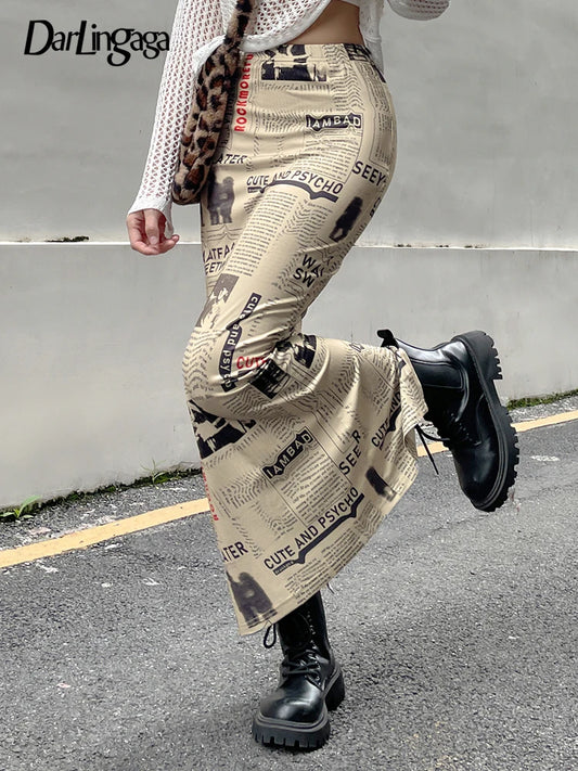 Darlingaga Vintage Newspaper Letter Print High Waist Long Skirt Women Distressed Harajuku Slim Pencil Skirts Aesthetic Y2K Chic