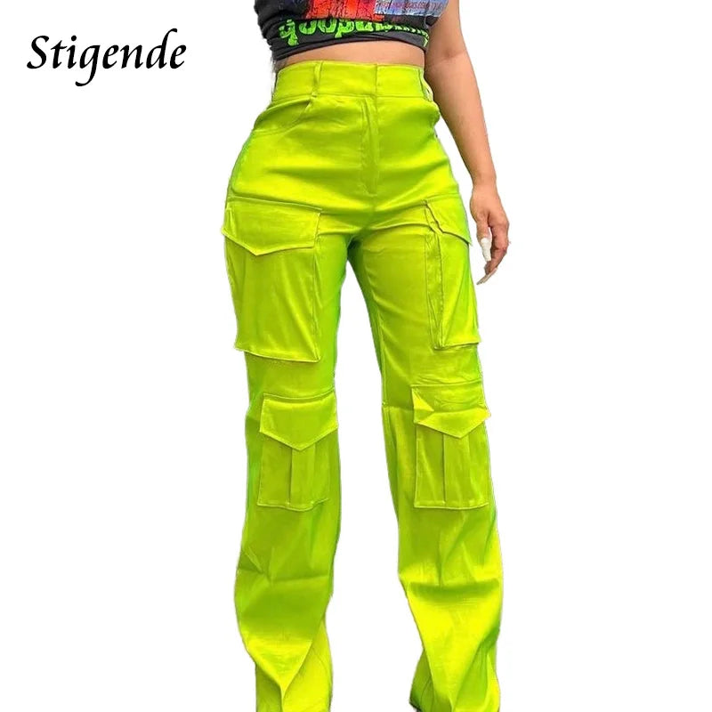 Wide Leg Loose Cargo Pants for Women Stretch Straight Pocket Pants Solid Color Baggy Parachute Trousers Hip Hop Streetwear